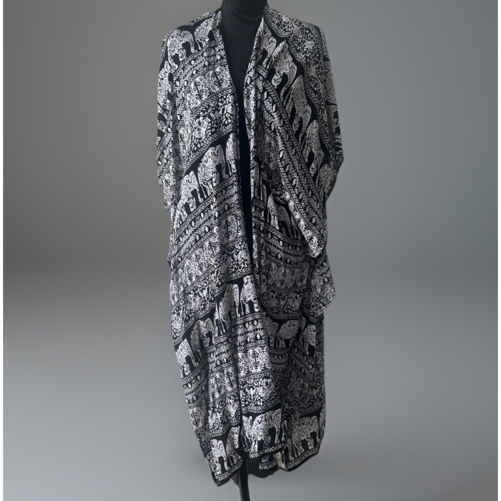 Soft Surroundings Elephant Print Duster Open Kimono Coverup Kaftan Boho Safari